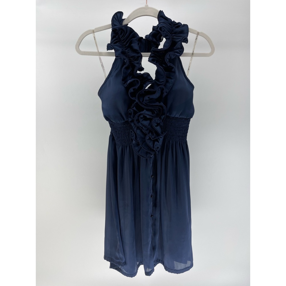 Annabelle Navy Ruffle Neck Halter Dress, Button Front, Smocked Back, Size Medium